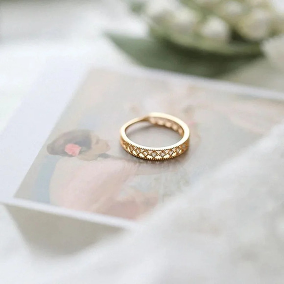 Women's Simulated Diamond Lattice 18k Gold Plated S925 Band Ring,‎ Adjustable - Picture 12 of 13